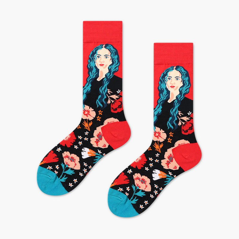 Men's 4 Pairs Portrait Colorful Crew Socks Art Design Collection
