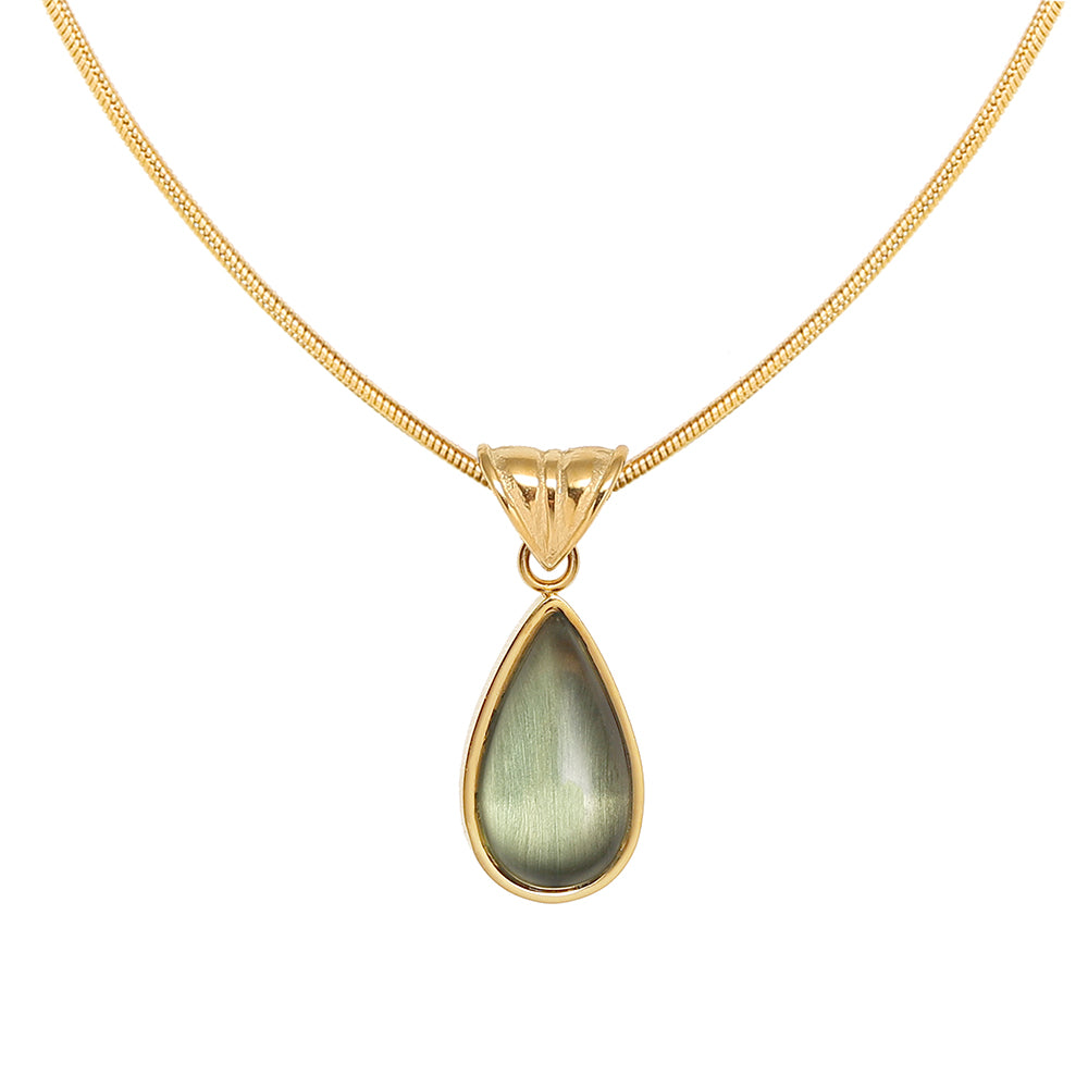 Gold-Plated Teardrop Pendant Necklace with Green Synthetic Cat Eye Stone