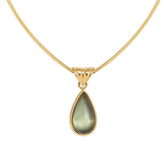 Gold-Plated Teardrop Pendant Necklace with Green Synthetic Cat Eye Stone