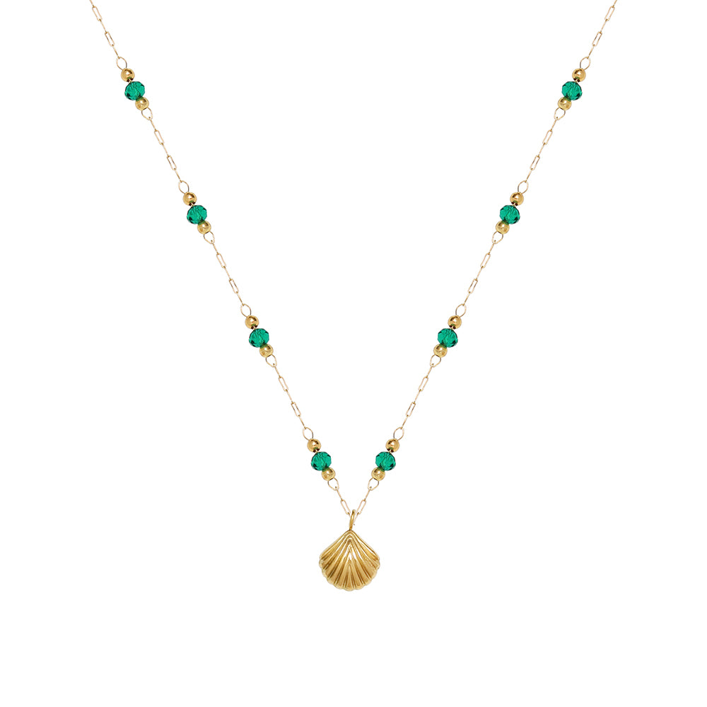 Delicate Gold-Plated Shell Pendant Necklace with Green Glass Beads