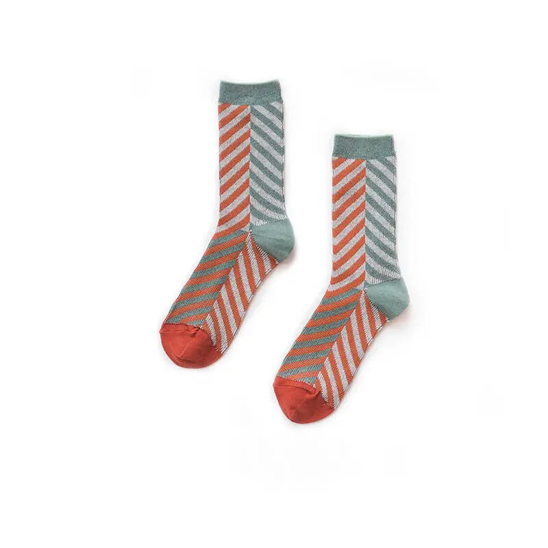 2 x Women Fashion Striped Contrast Color Crew Ladies Casual Cotton Socks 2-8