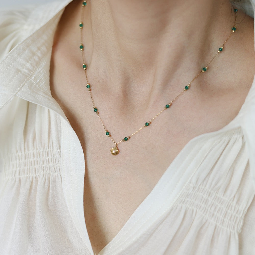Delicate Gold-Plated Shell Pendant Necklace with Green Glass Beads