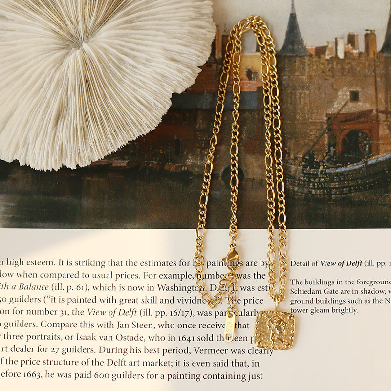 Gold-Plated Cupid Embossed Square Pendant Necklace