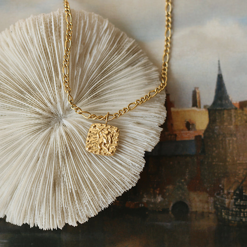Gold-Plated Cupid Embossed Square Pendant Necklace
