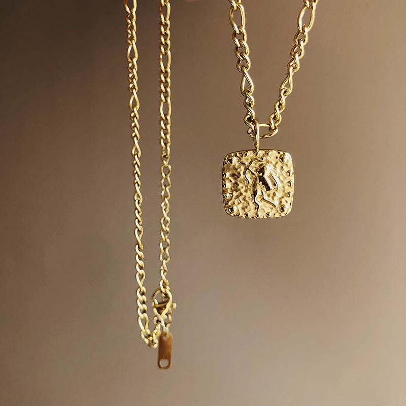 Gold-Plated Cupid Embossed Square Pendant Necklace