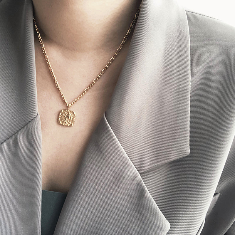 Gold-Plated Cupid Embossed Square Pendant Necklace