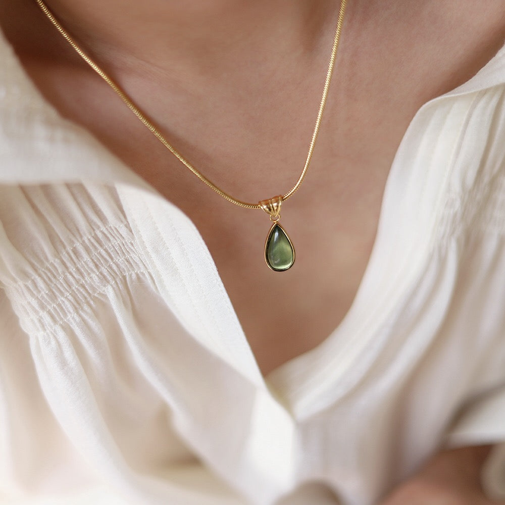 Gold-Plated Teardrop Pendant Necklace with Green Synthetic Cat Eye Stone