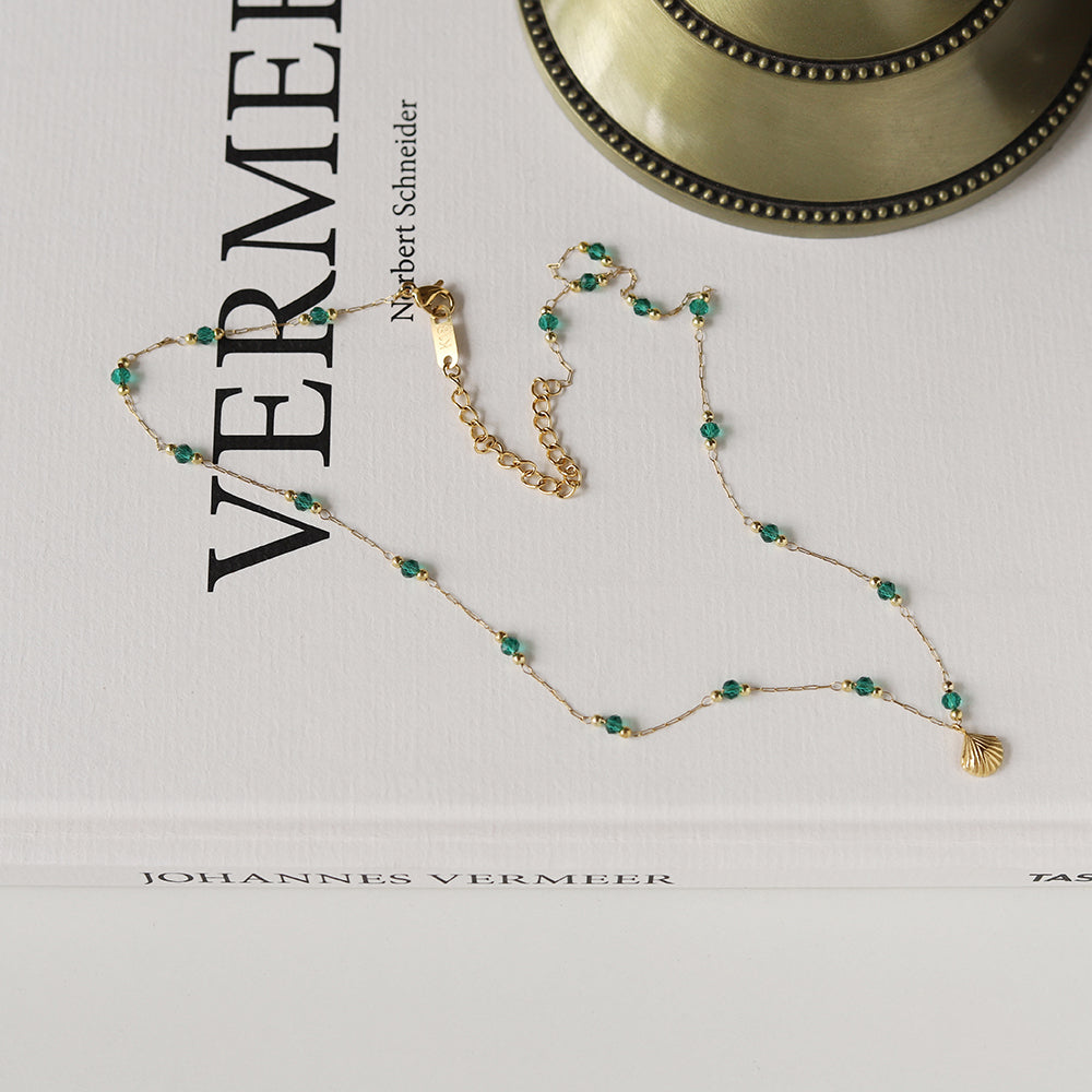 Delicate Gold-Plated Shell Pendant Necklace with Green Glass Beads