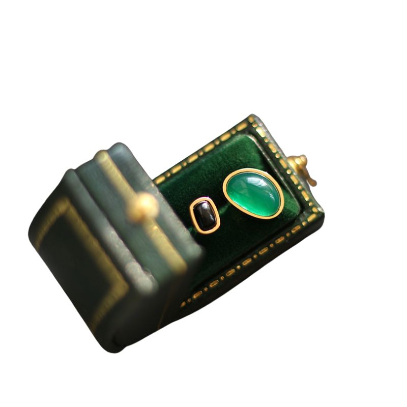 Gold-Plated Green Chalcedony and Black Onyx Jewelry Set