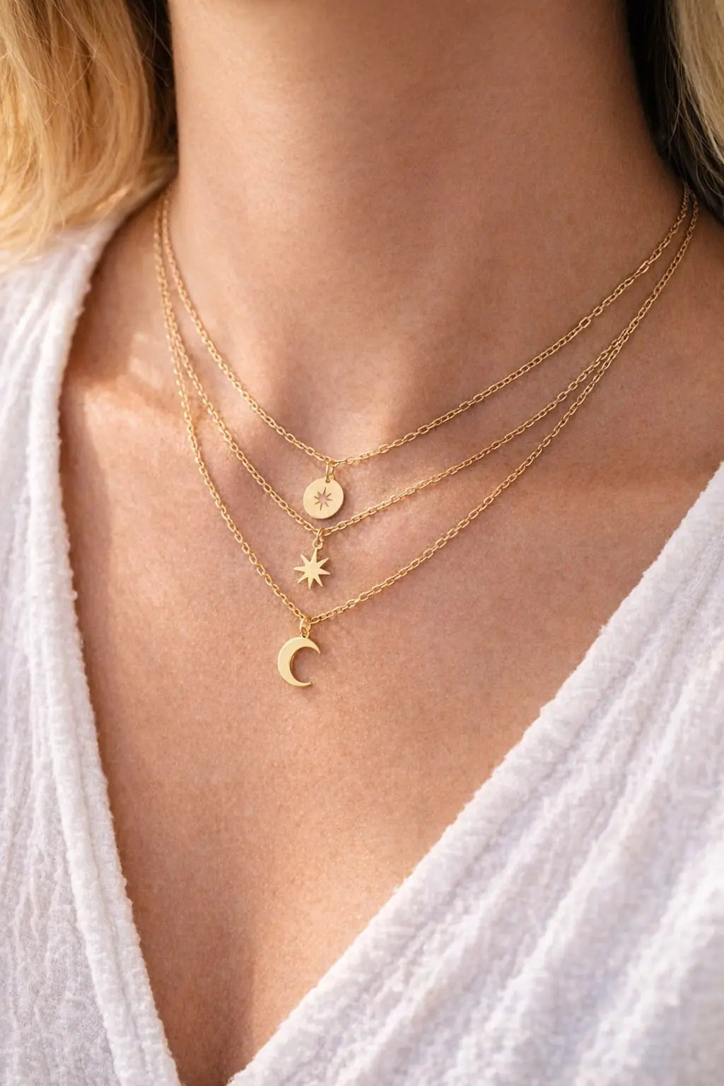 Star Moon Triple Chain Gold Layering Necklaces Bracelets model image