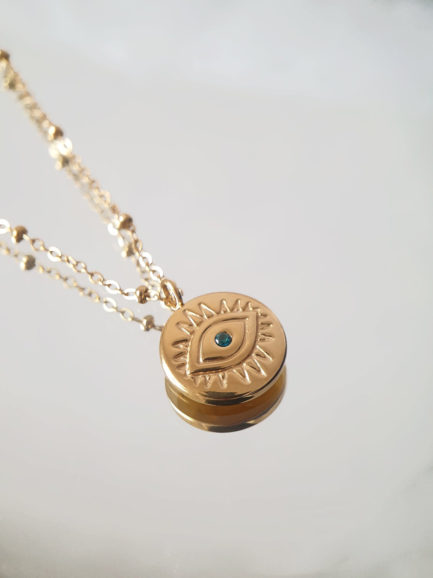 Protection Necklace, 18K Gold Plated Dainty Evil Eye Necklace With Blue Diamonte - Hypoallergenic & Water-Resistant
