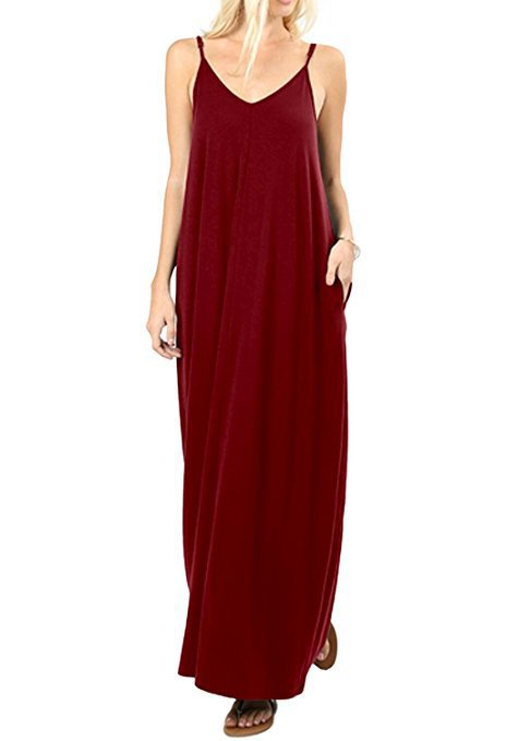Women Full Slip Wine Red Camisole Long Loose Dresses Liner Pocket Dress