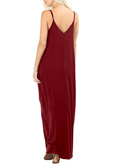 Women Full Slip Wine Red Camisole Long Loose Dresses Liner Pocket Dress