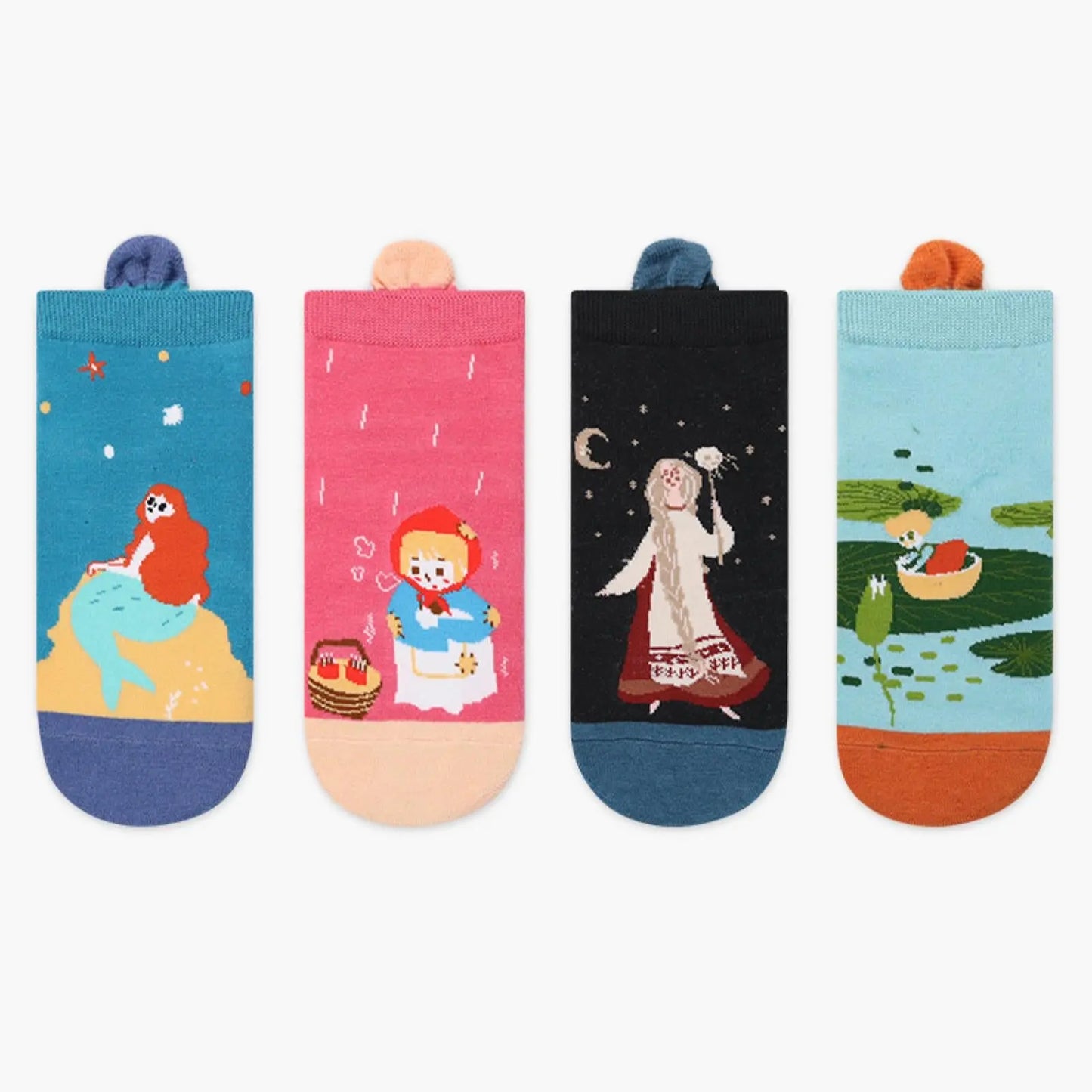 Girls' Low Cut Fairy Tale Socks – 4-Pack Mermaid Red Riding Hood and More Pantsnsox