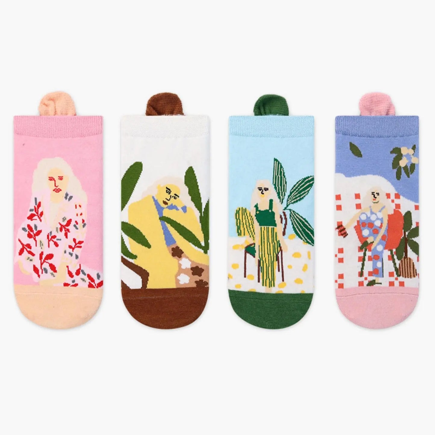 Women's Low Cut Art-Inspired Socks – 4-Pack Elegant Lady & Plant Designs Pantsnsox