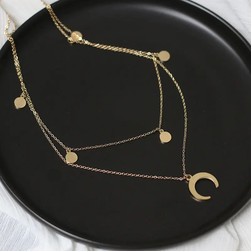 Moon and Stars Charm Pendant Double Chain Necklace 14K Gold Plated Layered Gift Pouch Pantsnsox