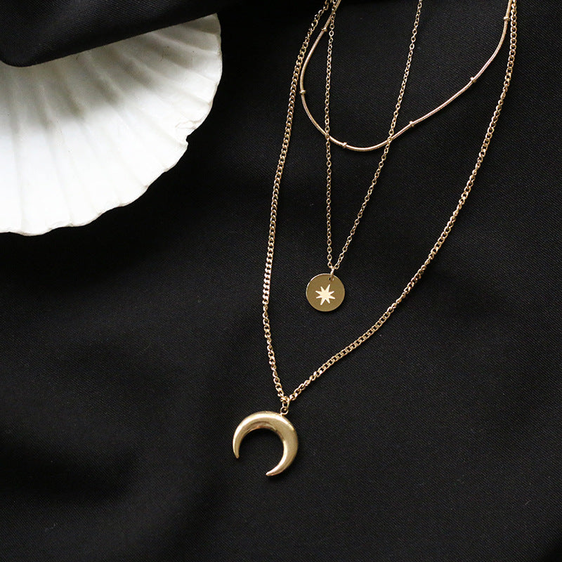 Star Moon Triple Chain Gold Layering Necklaces Bracelets