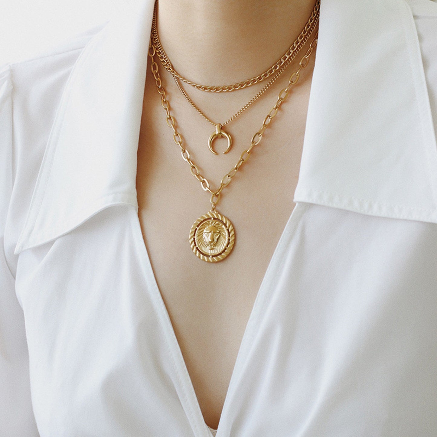 Lion and Moon Layering Necklace