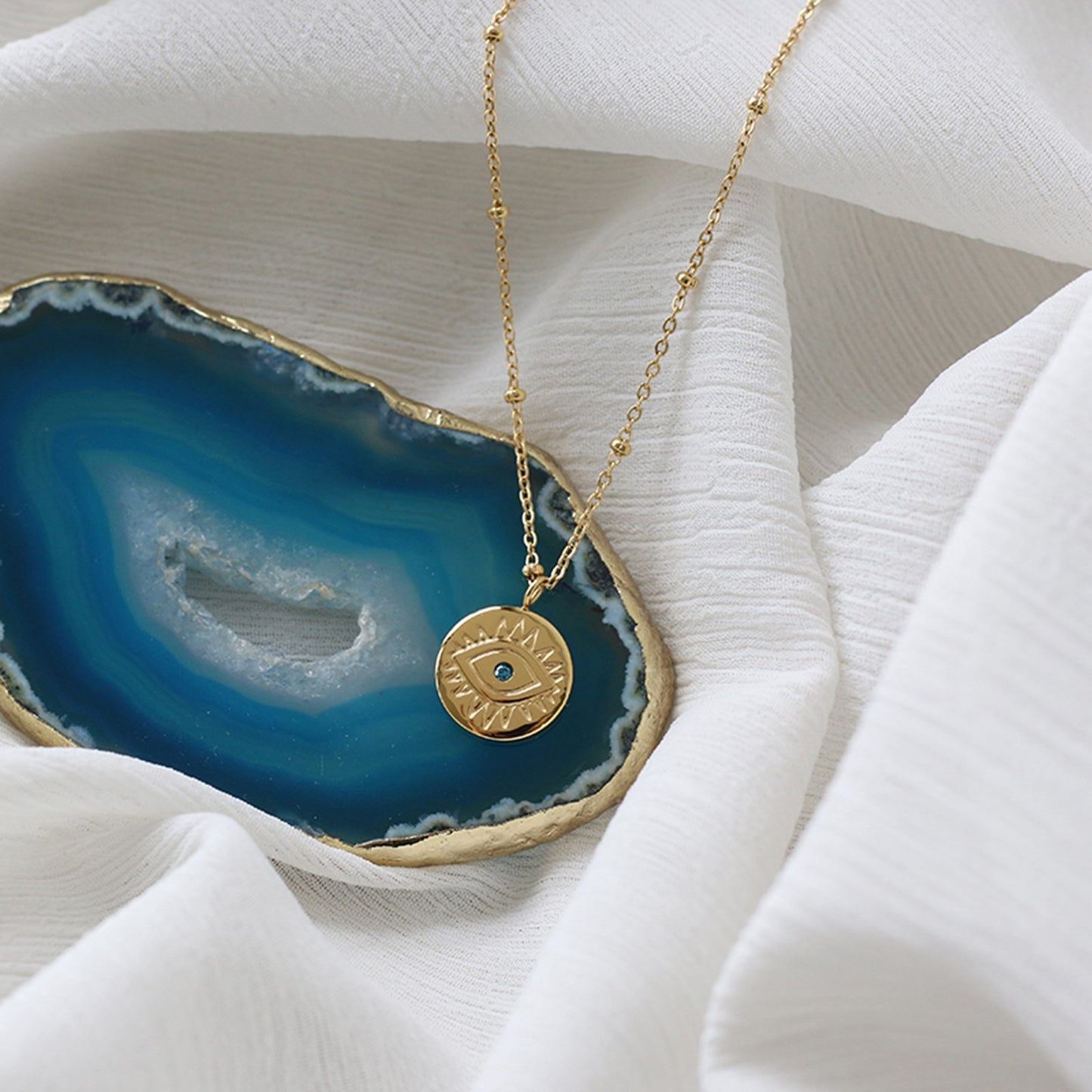 Protection Necklace, 18K Gold Plated Dainty Evil Eye Necklace With Blue Diamonte - Hypoallergenic & Water-Resistant