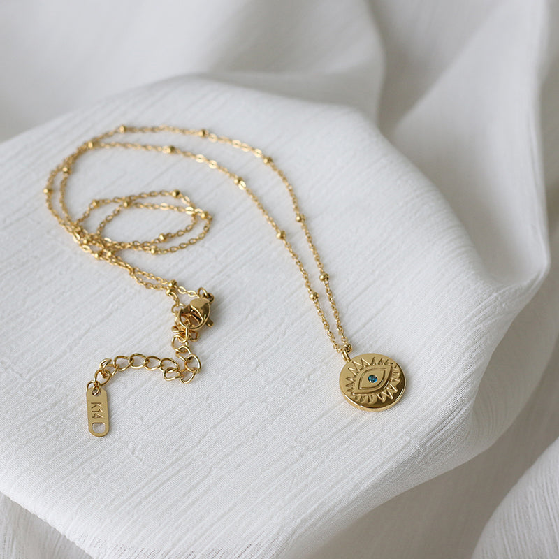 Protection Necklace, 18K Gold Plated Dainty Evil Eye Necklace With Blue Diamonte - Hypoallergenic & Water-Resistant