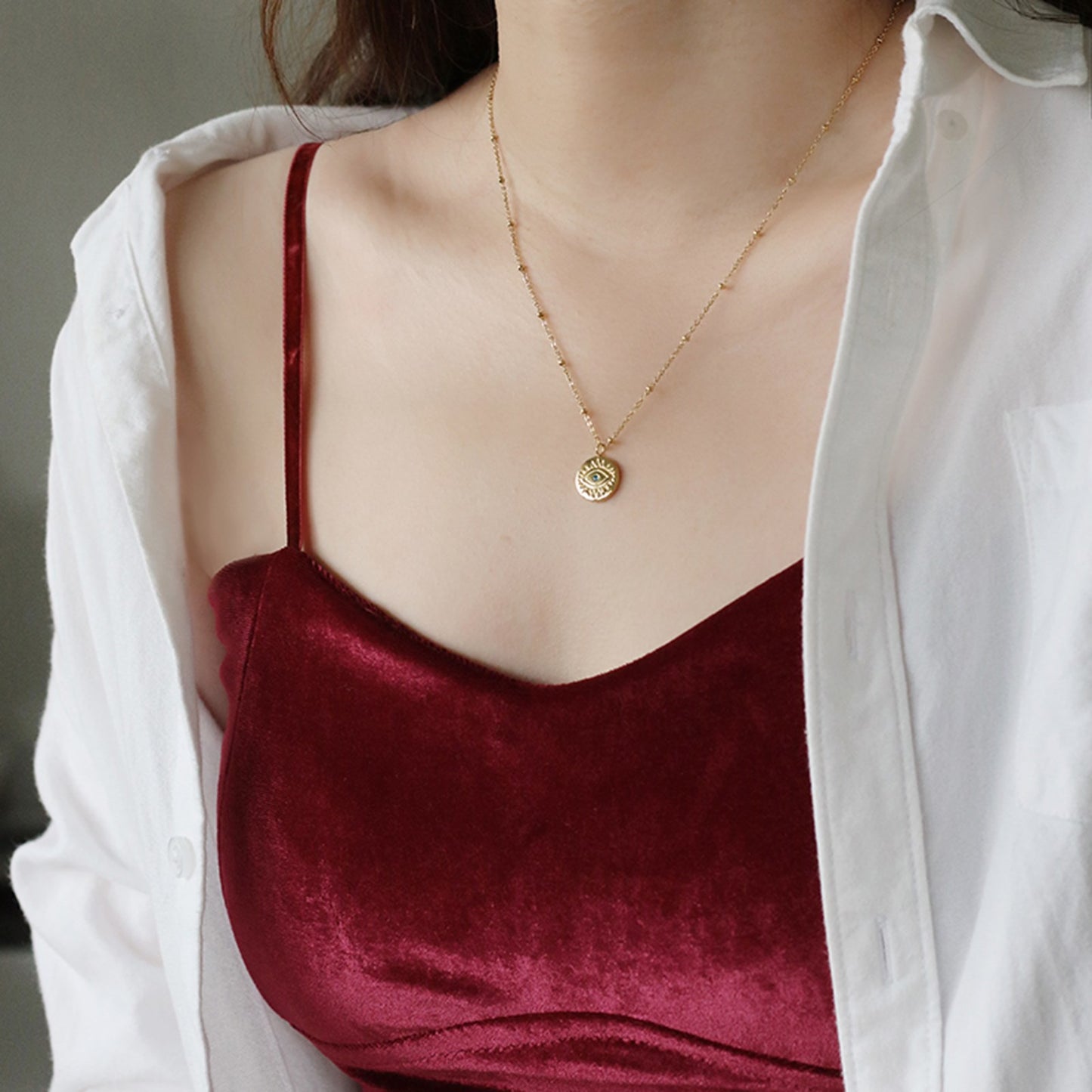 Protection Necklace, 18K Gold Plated Dainty Evil Eye Necklace With Blue Diamonte - Hypoallergenic & Water-Resistant