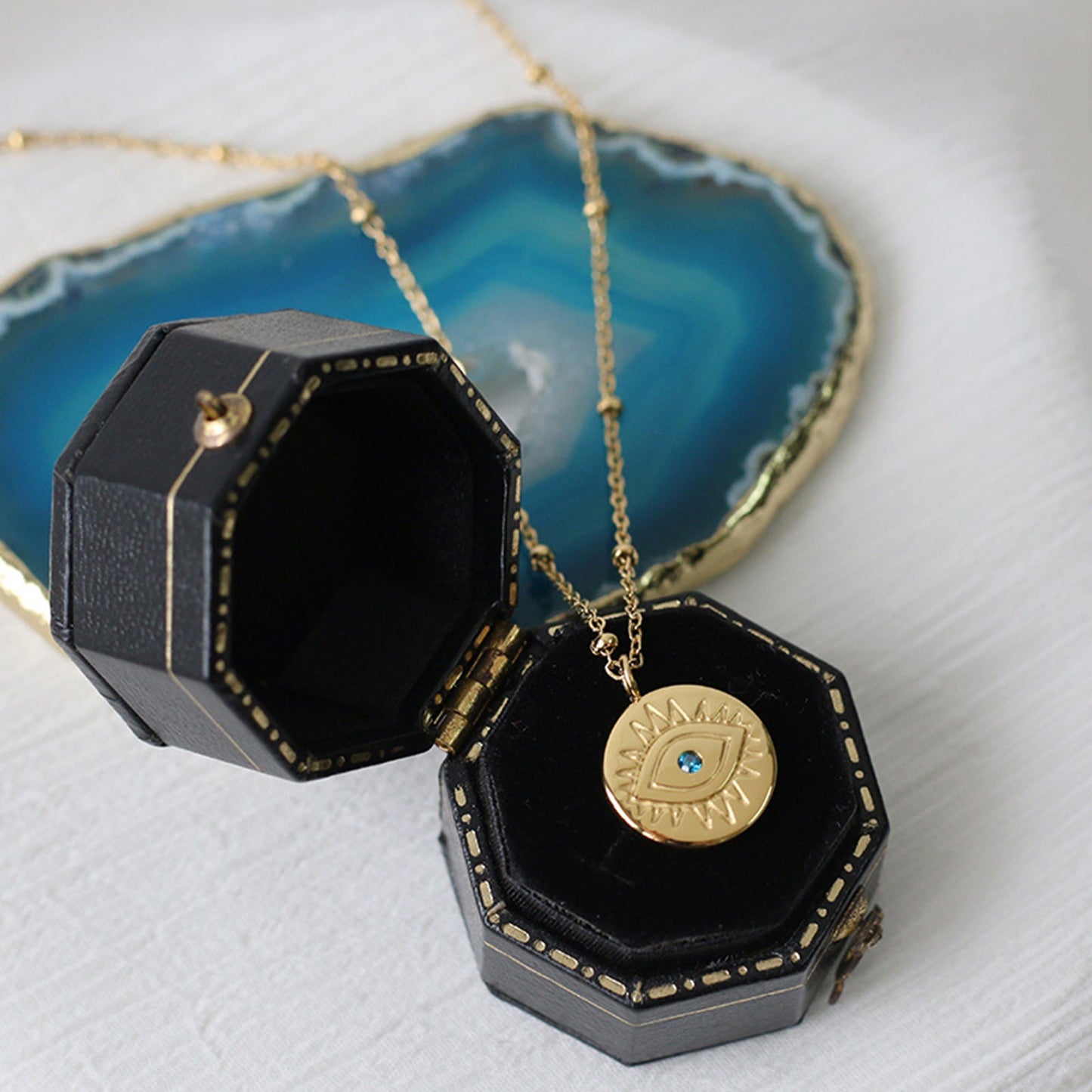 Protection Necklace, 18K Gold Plated Dainty Evil Eye Necklace With Blue Diamonte - Hypoallergenic & Water-Resistant