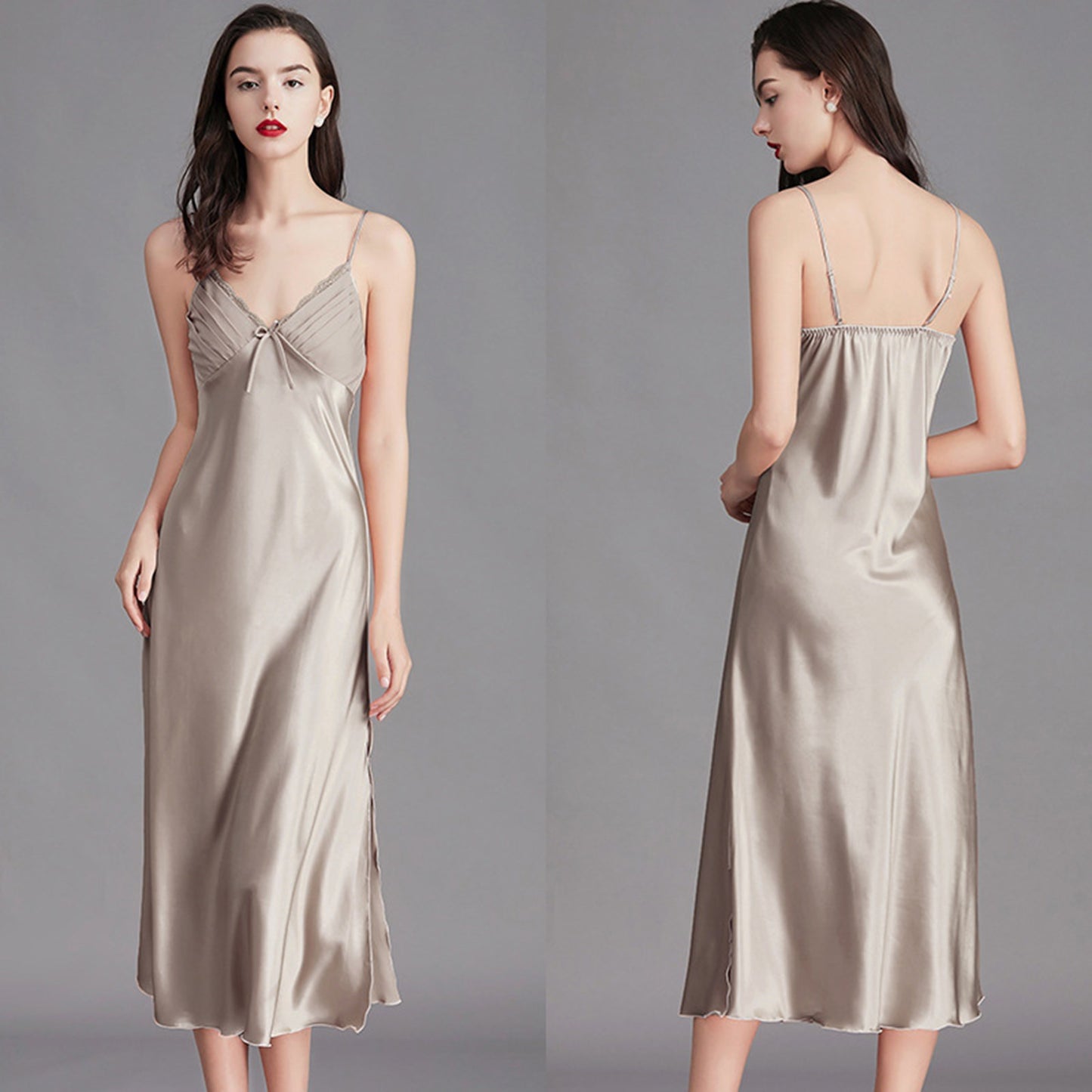 Women Satin Lingerie Long Sleepwear Dress