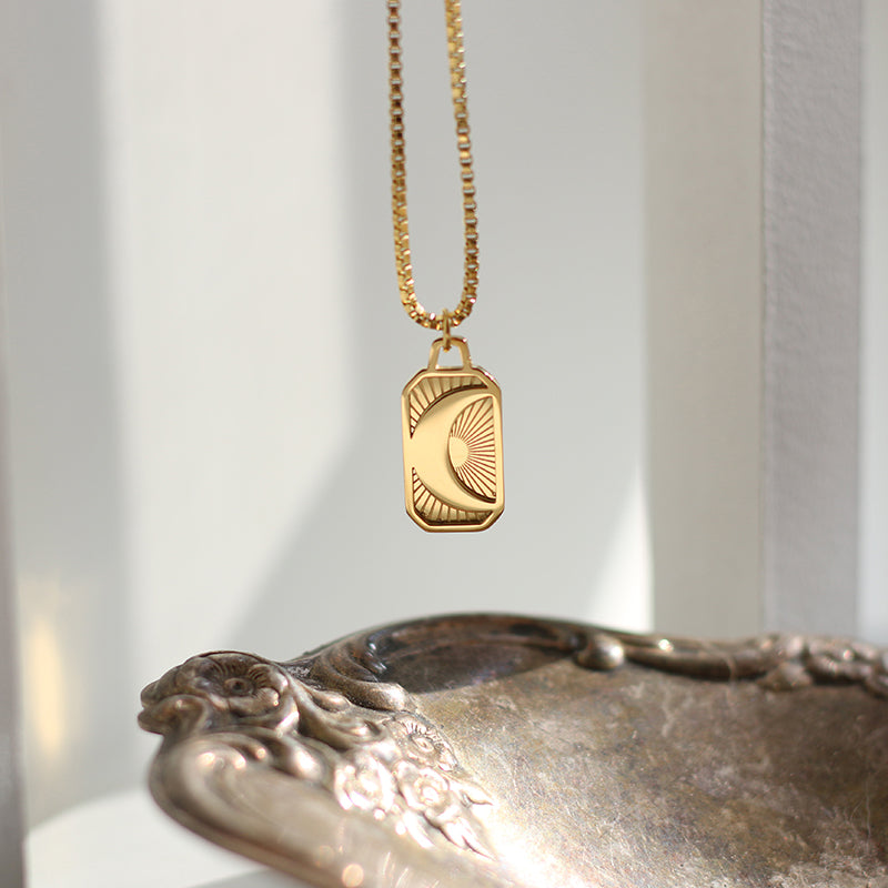 Sun Moon Yellow Gold Plated Rectangular Necklace