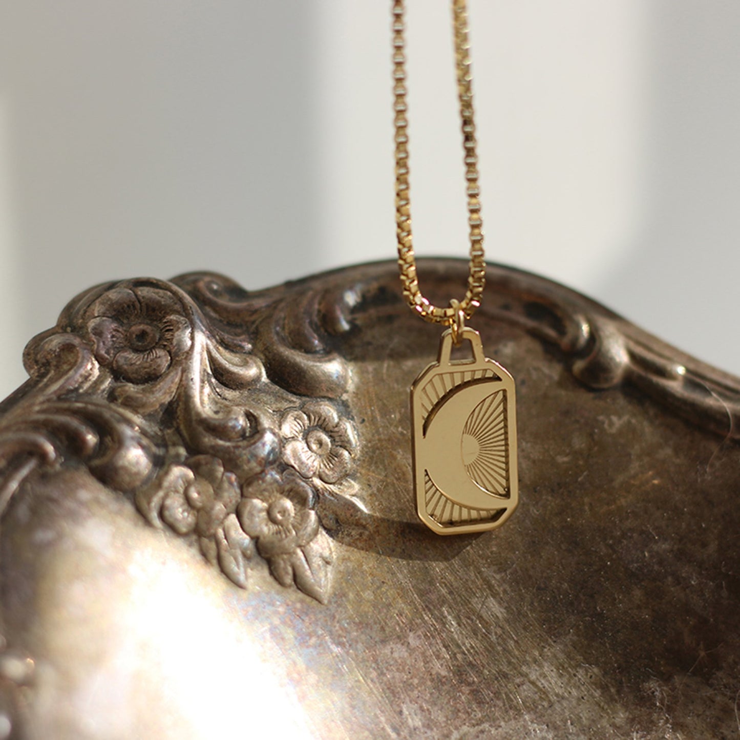Sun Moon Yellow Gold Plated Rectangular Necklace