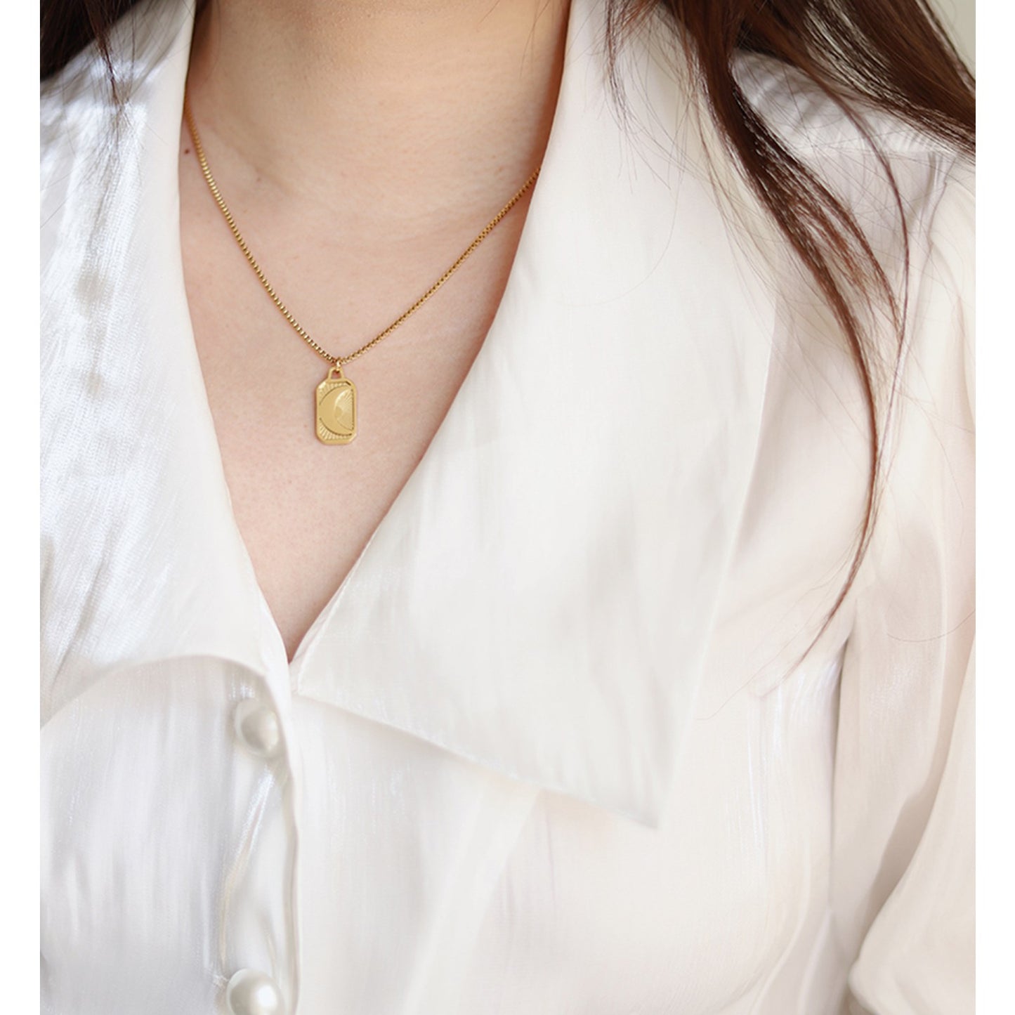 Sun Moon Yellow Gold Plated Rectangular Necklace