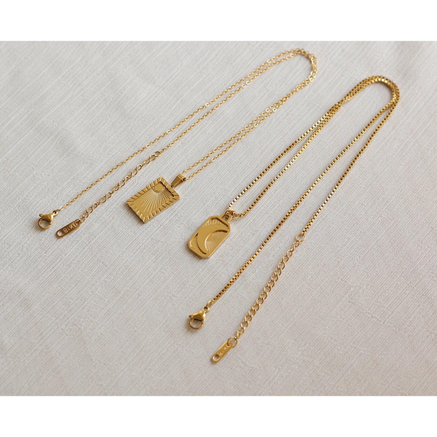 Sun Moon Yellow Gold Plated Rectangular Necklace