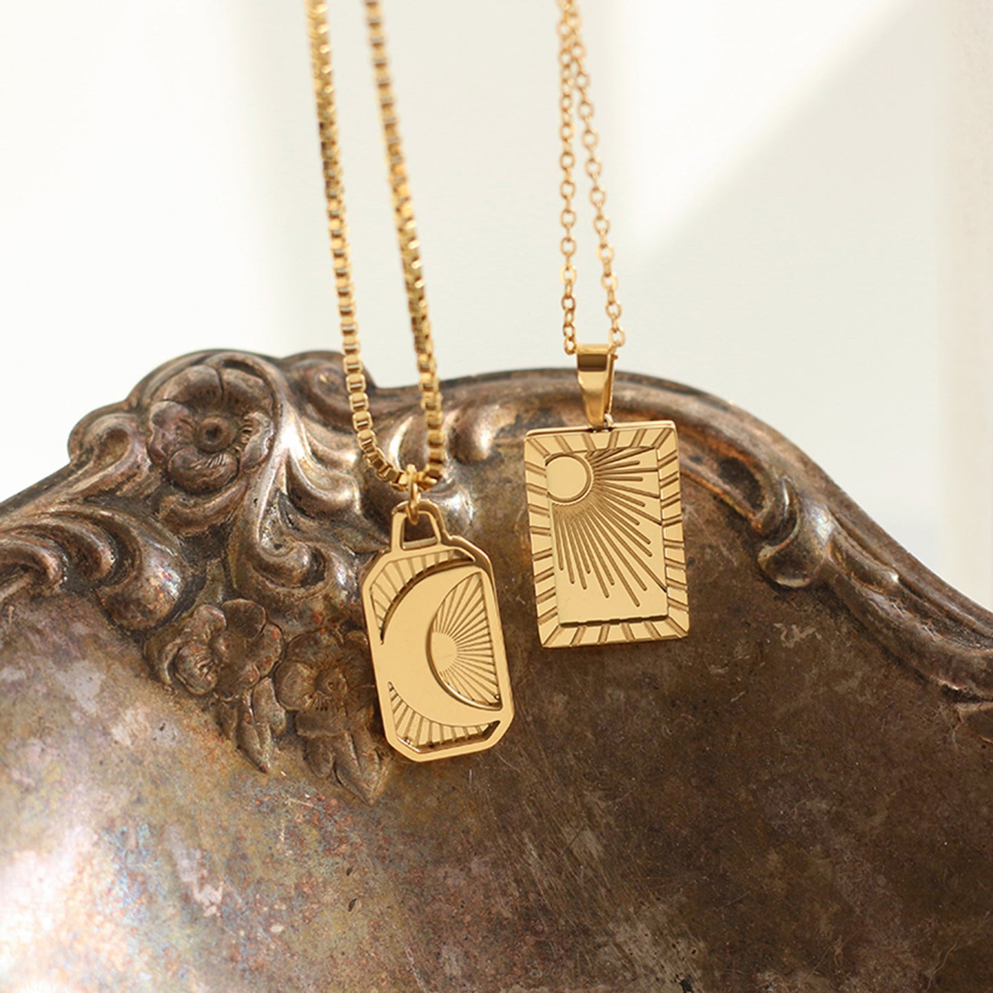 Sun Moon Yellow Gold Plated Rectangular Necklace