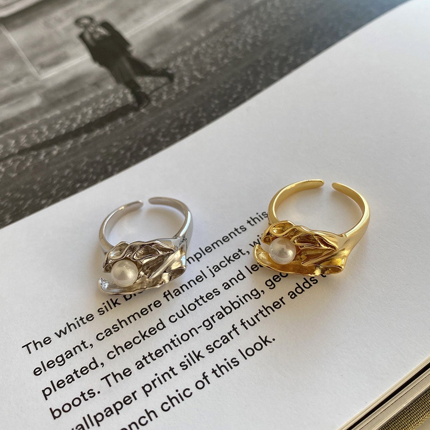 Modern Design Pearl Adjustable Open Ring Sterling Silver S925 18K Gold Plated - Pantsnsox