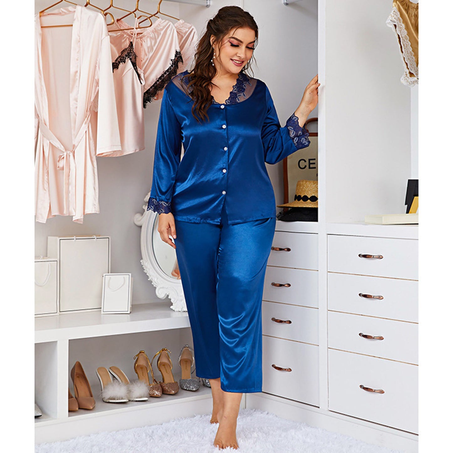 Womens Lace Silk Feel Nightie Long Sleeve Sleepwear Top Pants Pajama Set Spring - Pantsnsox
