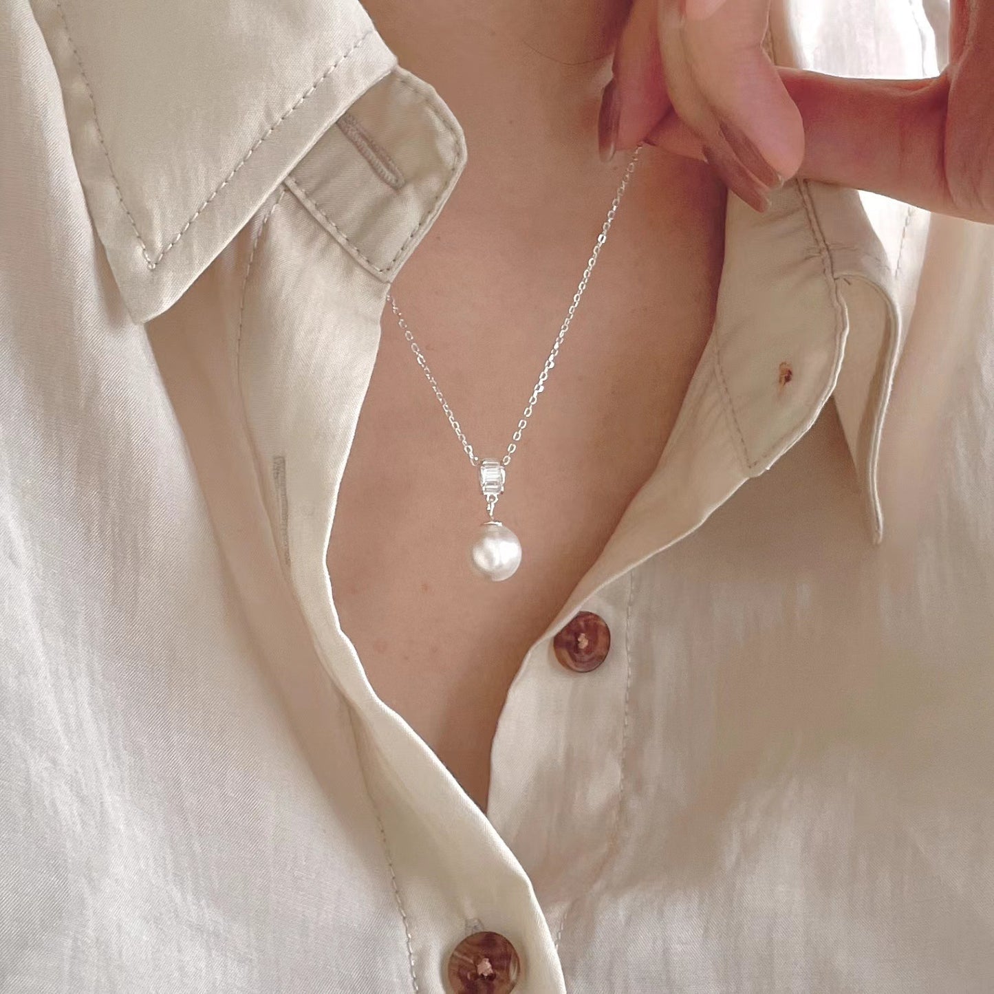 Classic Essential Unique Pearl Sterling Silver S925 Pendant Necklace