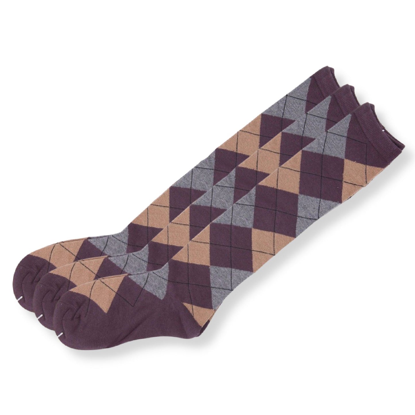 Argyle Knee High 3 Pairs Cotton Socks Diamond Check Pattern