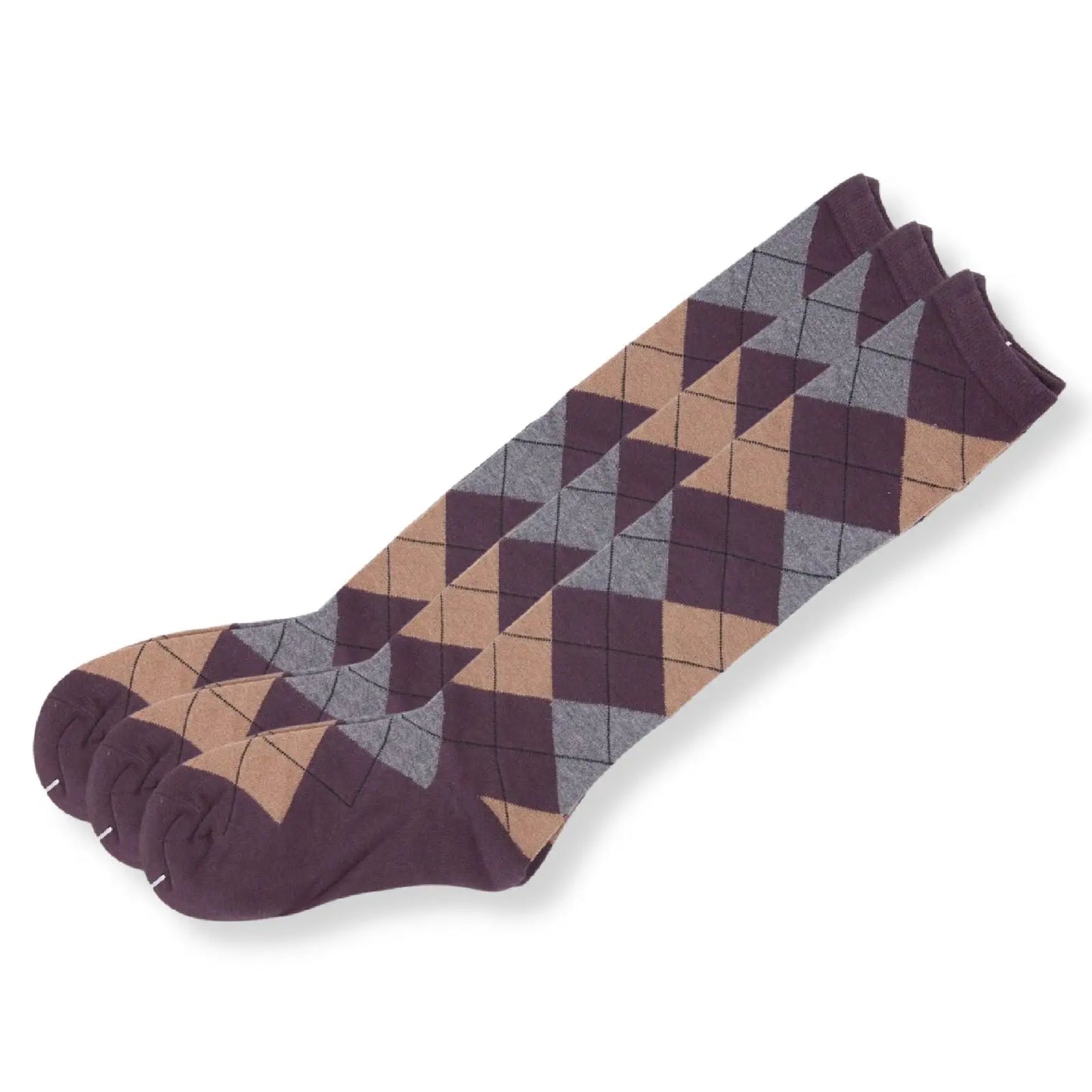 Argyle Knee High 3 Pairs Cotton Socks Diamond Check Pattern Sunfort