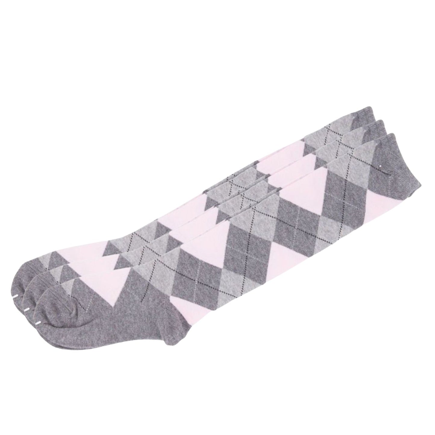 Argyle Knee High 3 Pairs Cotton Socks Diamond Check Pattern