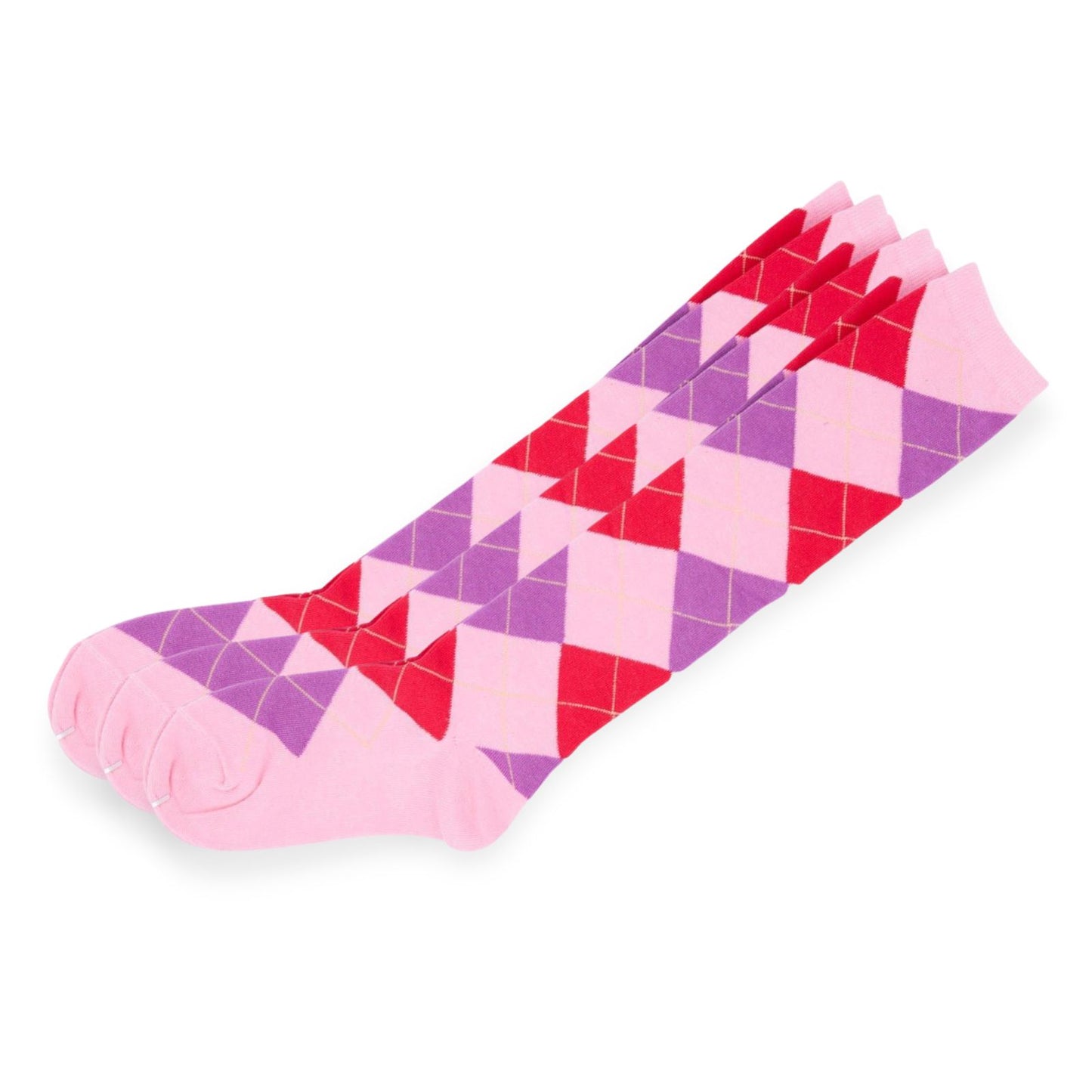 Argyle Knee High 3 Pairs Cotton Socks Diamond Check Pattern
