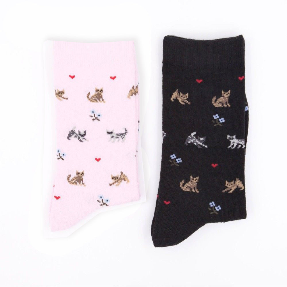 Women Design Cat Kitten Black Pink 2-8 Cotton Women Crew Socks AU Stock - Pantsnsox