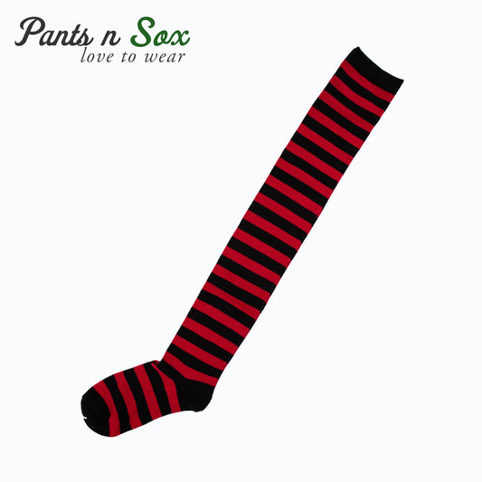New Womens Ladies Black Red Striped Thigh High Socks Size 2-8 - Pantsnsox