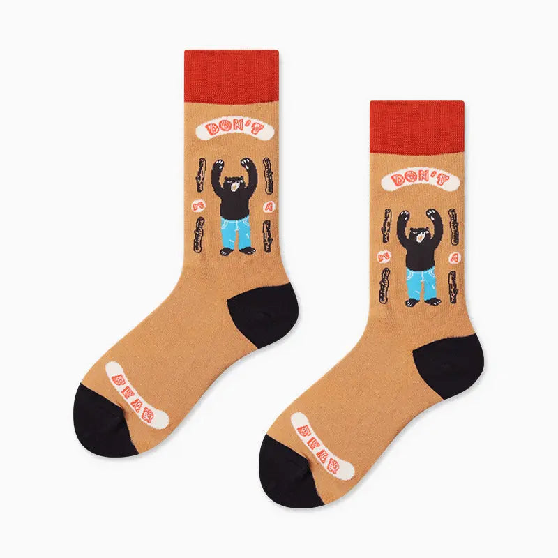 Womens Girls Bears Paint Cartoon Casual Cotton Creative Crew Socks 2-8 - Pantsnsox