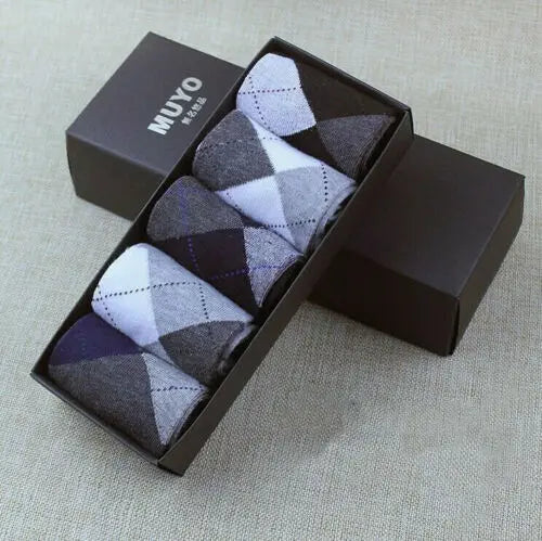 New Arrival Mens Cotton Socks Comfortable Pattern Black Grey Mix 5 Pack Gift Box - Pantsnsox