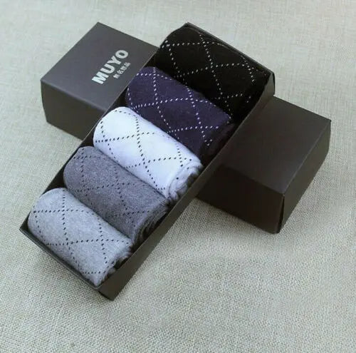 New Arrival Mens Cotton Socks Comfortable Pattern Black Grey Mix 5 Pack Gift Box - Pantsnsox