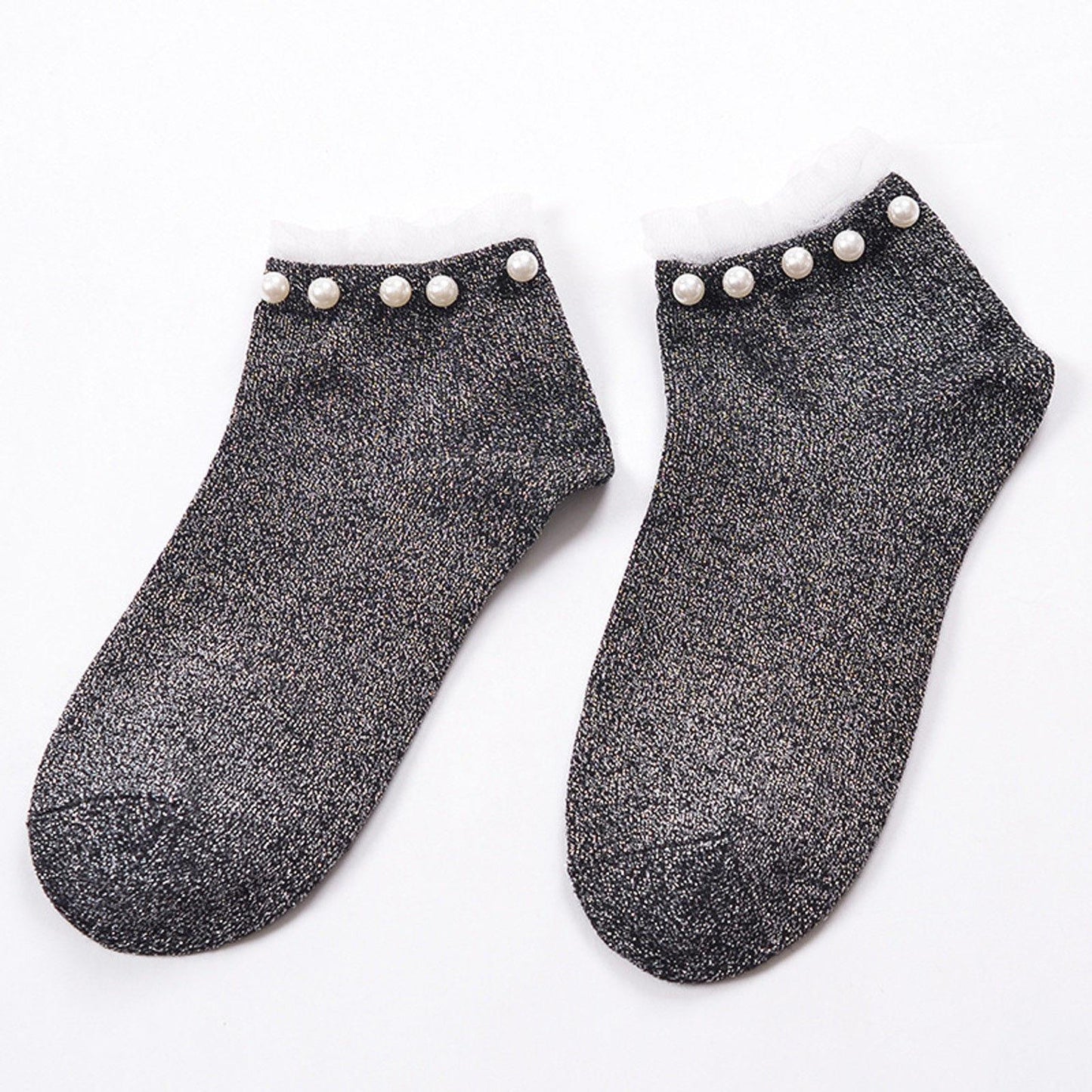 Women Socks Lace Fashion Short Sexy Black White Pearl Ankle Size 2-8 - Pantsnsox