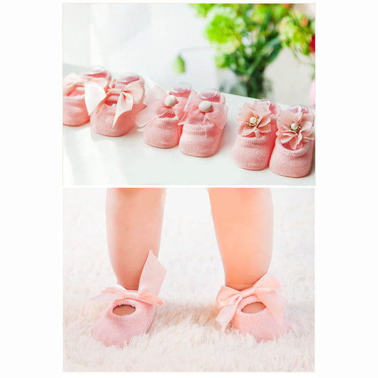 Girls Bowknot Socks Baby Pairs Toddler Girls Shoes Slipper Kids New Born Set - Pantsnsox