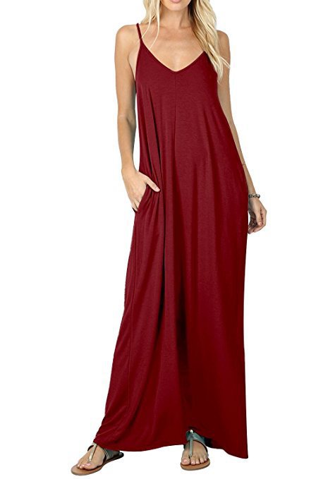Women Full Slip Wine Red Camisole Long Loose Dresses Liner Pocket Dress