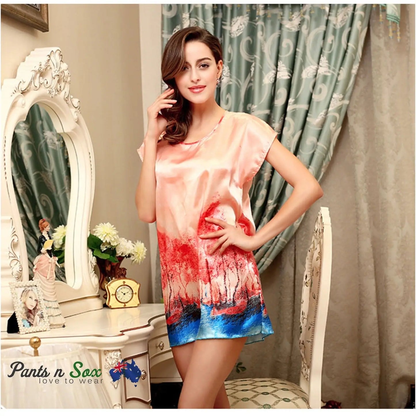 Womens Abstract Silk Feel Sleeveless Nightie Ladies Sleepwear Nightdress 6 8 10 - Pantsnsox