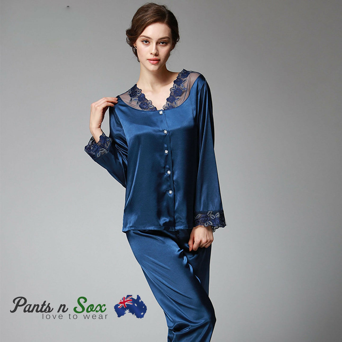 Womens Lace Silk Feel Nightie Long Sleeve Sleepwear Top Pants Pajama Set Spring - Pantsnsox