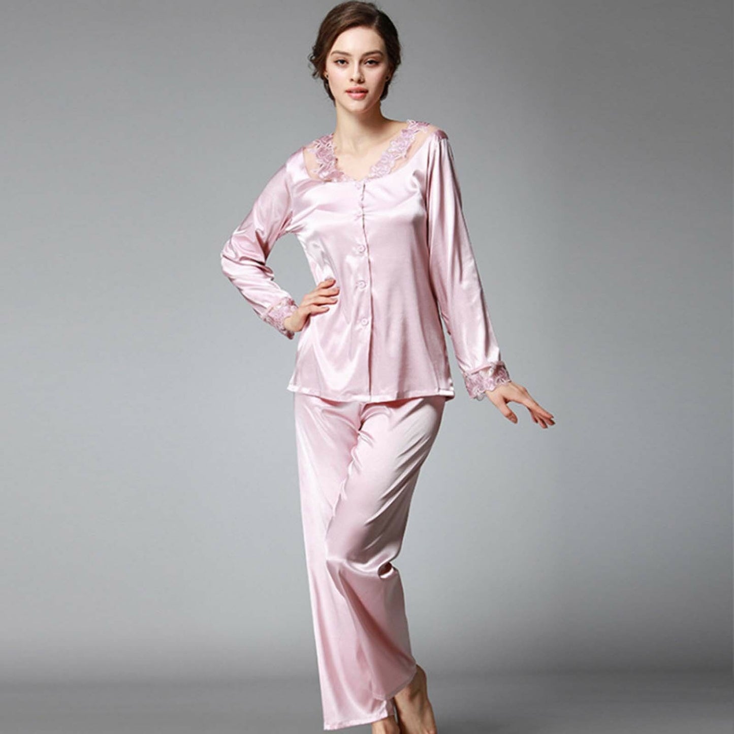 Womens Lace Silk Feel Nightie Long Sleeve Sleepwear Top Pants Pajama Set Spring - Pantsnsox